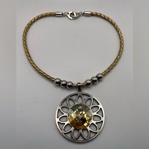 HEET Chunky Silver Pendant w Faceted Amber Glass & Leather Necklace 16”